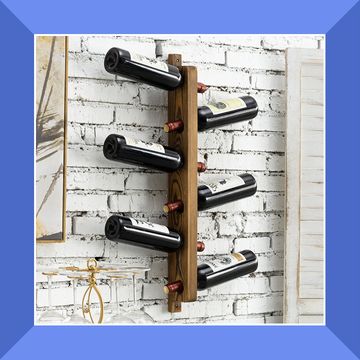 mihriban 6 bottle solid wood wall mounted wine bottle and glass rack in brown, and 12 bottle wall mounted wine bottle rack in black