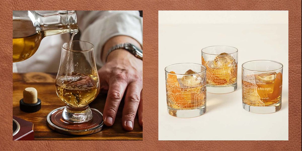 whiskey glass with hand and whiskey glass with map