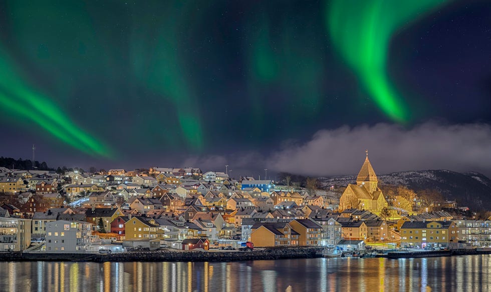 night photo from the hurtigruten ship, kristiansund, norway