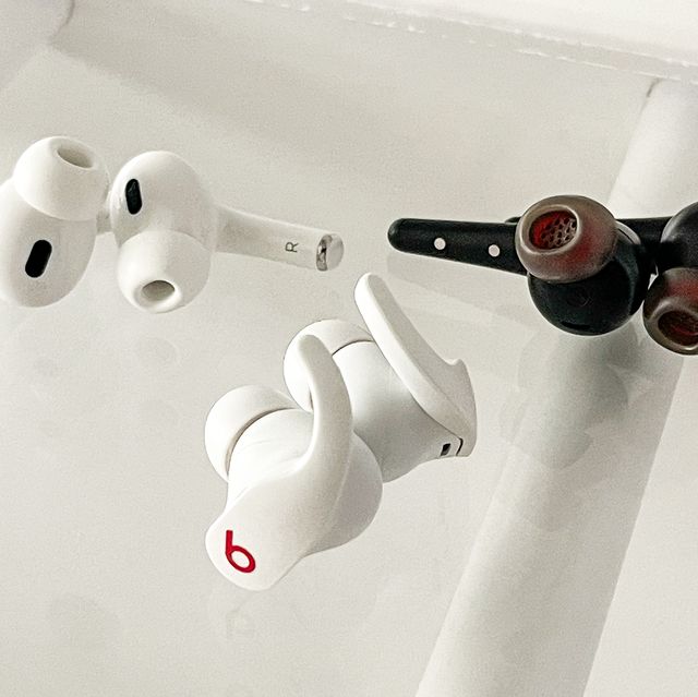 beats fit pro, apple air pods pro 2nd generation and 1more aero earbuds, all propped on a white background