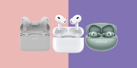 a composite image of wireless earbuds and charging cases on a pink and purple two tone background