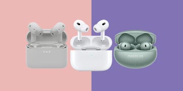 a composite image of wireless earbuds and charging cases on a pink and purple two tone background