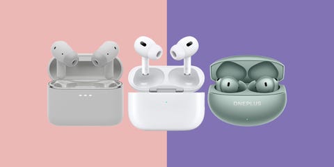 a composite image of wireless earbuds and charging cases on a pink and purple two tone background