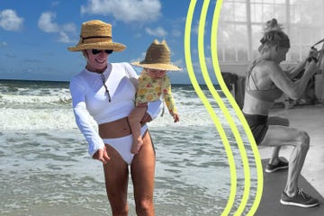 a woman holding a child on a beach and a woman exercising indoors