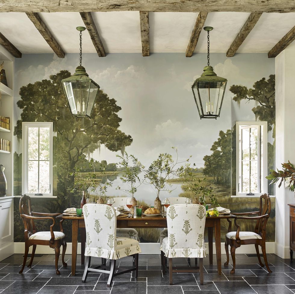 a serene mural of low country marshlandand reclaimed white oak beams accentuate lofty ceilings