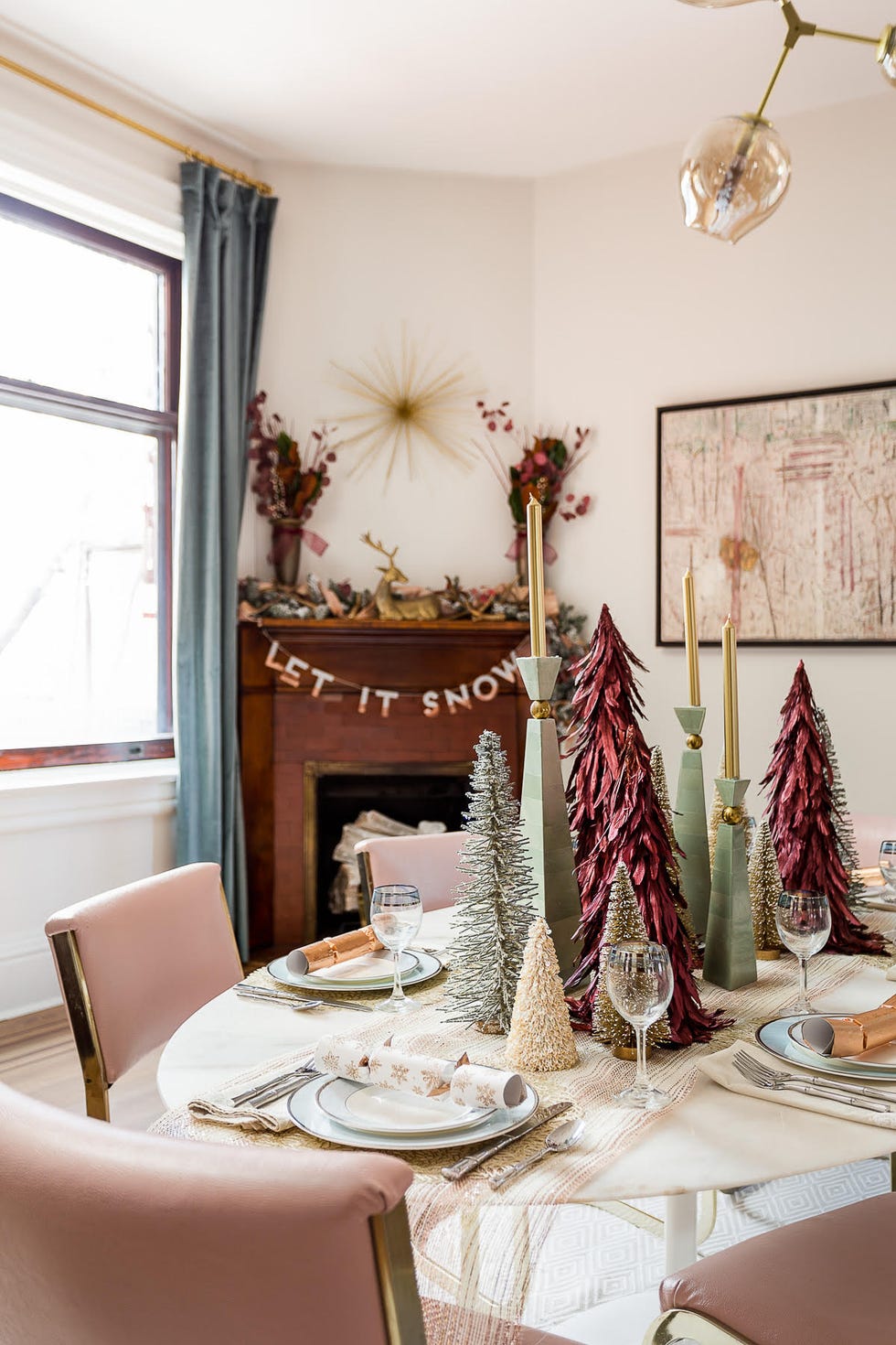 a dining room table with a fireplace