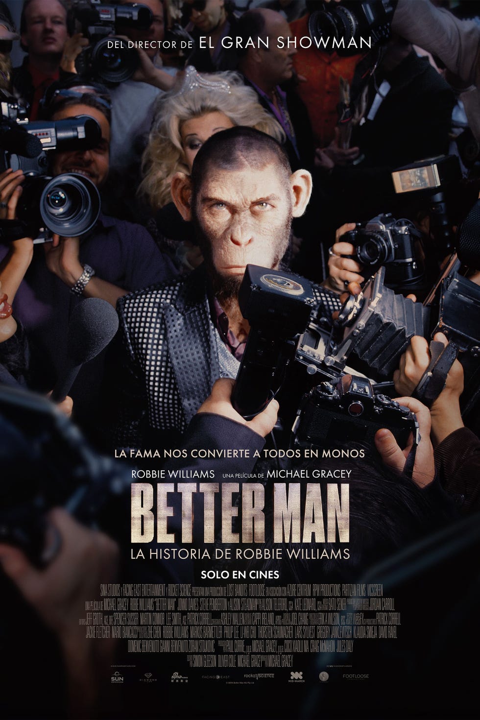 promotional poster for the film better man featuring robbie williams