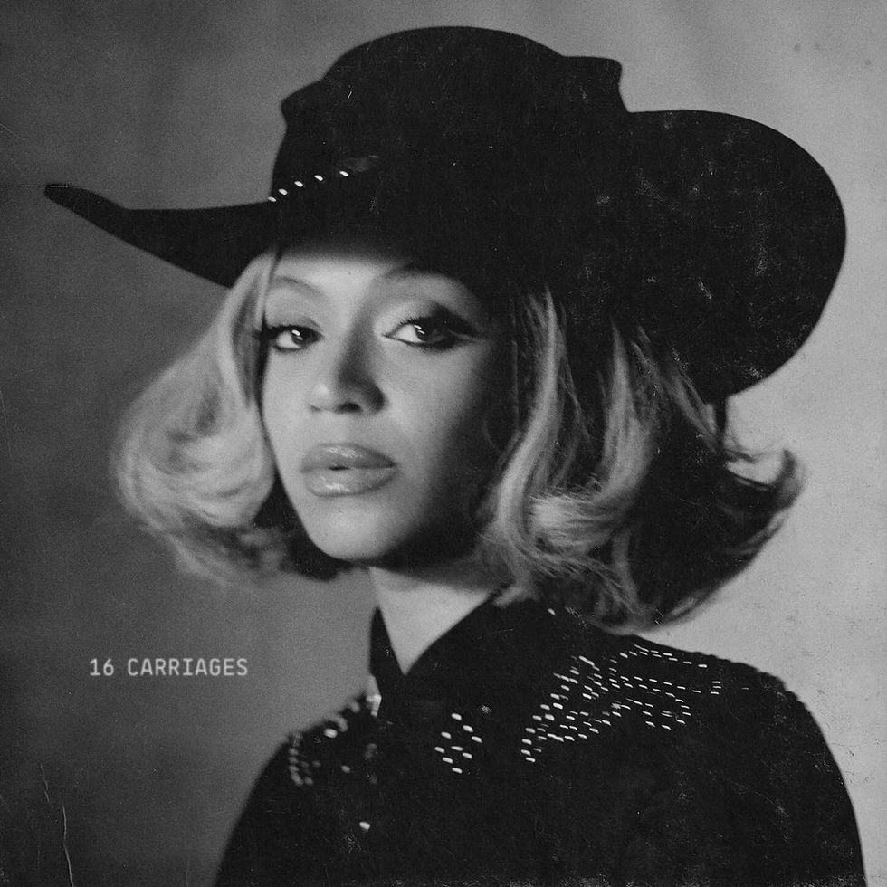 beyonce with a curly bob and hat on the cover work for 16 carriages