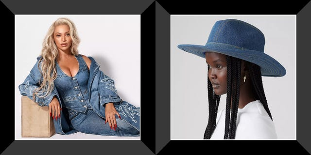 beyonce in denim outfit; model wearing denim cowboy hat