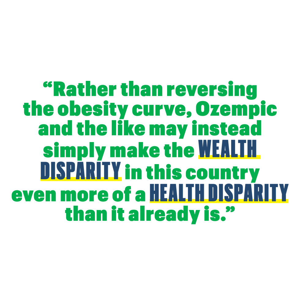 rather than reversing the obesity curve ozempic and the like may instead simply make the wealth disparity in this country even more of a health disparity than it already is
