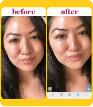 before and after of face tune before photo with minor blemishes after photo with skin edited to be smoothed and even skin color