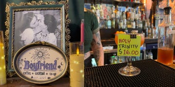 a coffee and cocktail coop establishment featuring a framed photo of women kissing and a drink special