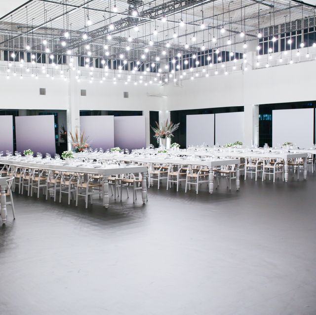 White, Lighting, Architecture, Ceiling, Function hall, Design, Building, Chair, Table, Floor, 