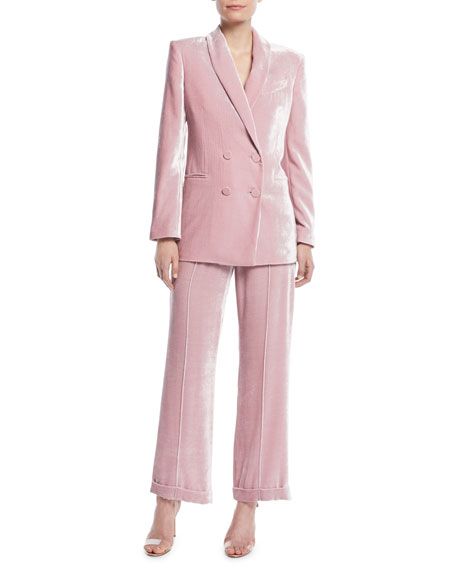 Clothing, Suit, Pink, Formal wear, Outerwear, Blazer, Pantsuit, Tuxedo, Jacket, Trousers, 