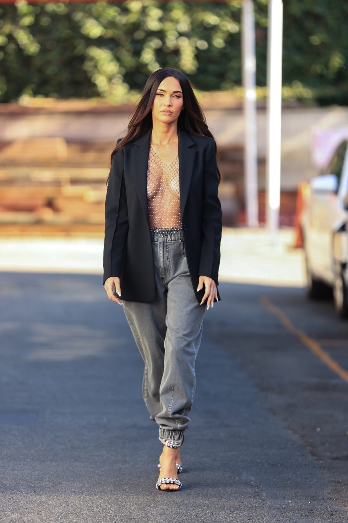 Megan Fox Wears See-Through Net Top And Open Blazer