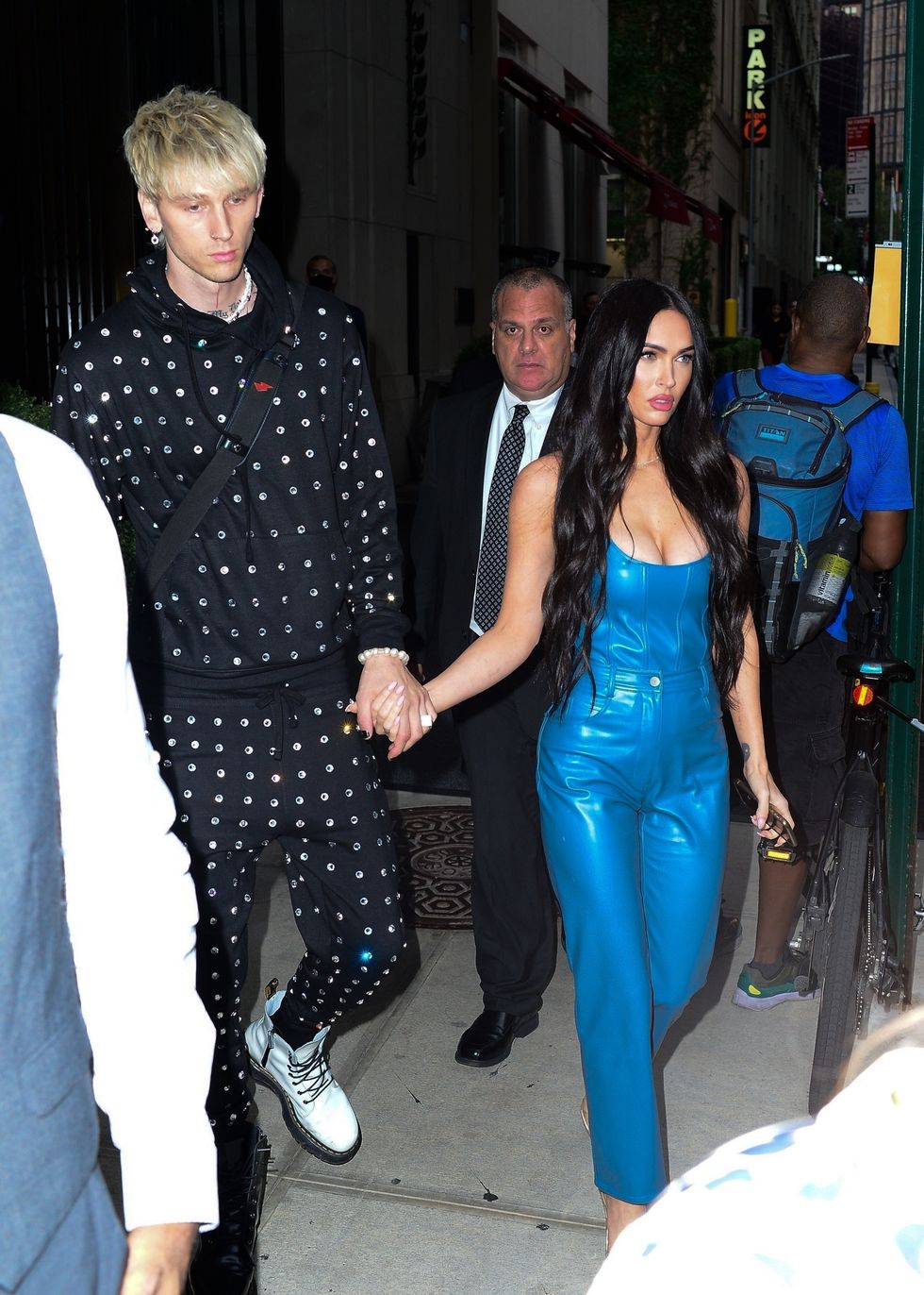 megan fox blue leather jumpsuit with mgk