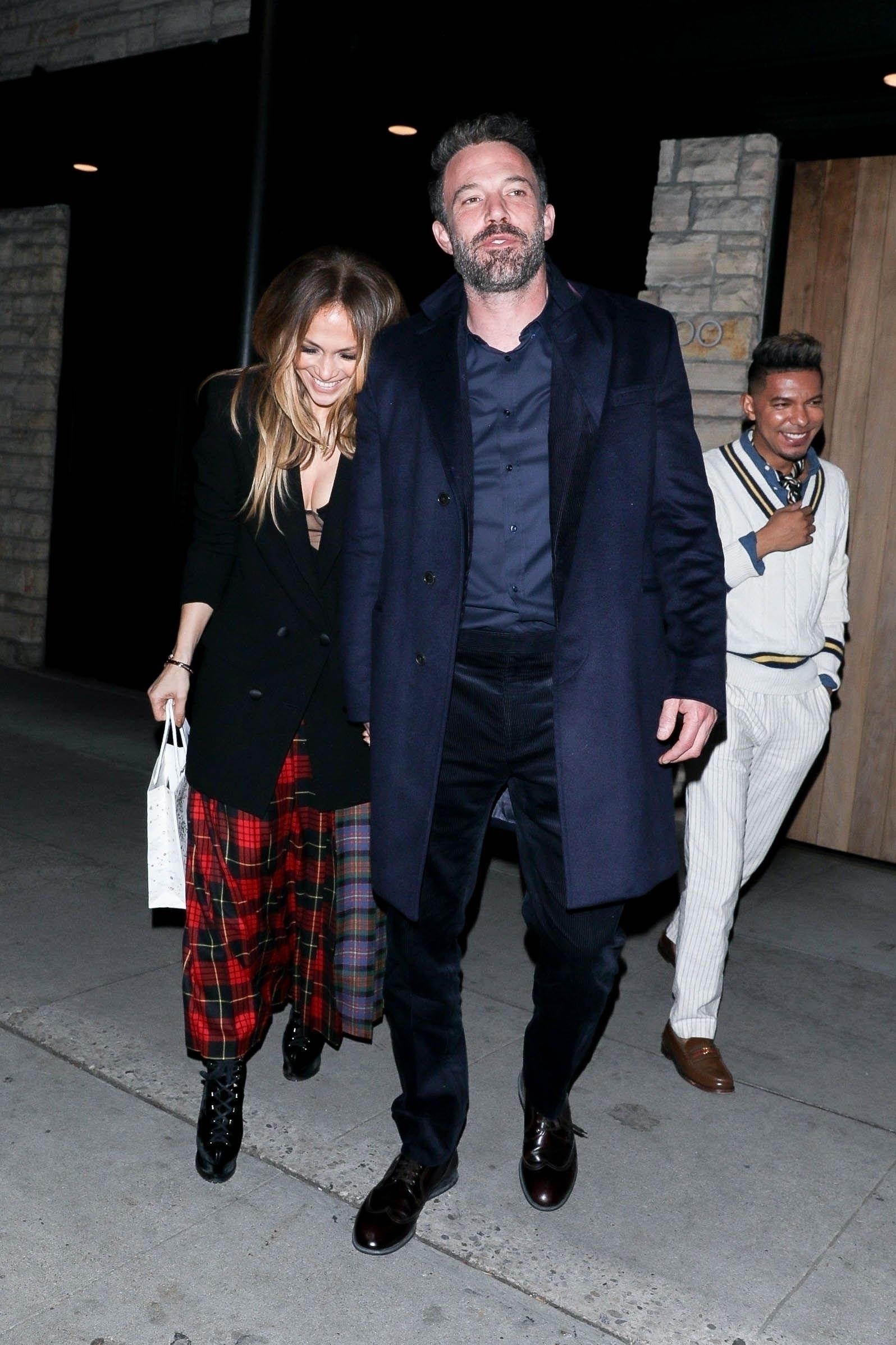 Jennifer Lopez Wears Sheer Top with Tartan Skirt with Ben Affleck