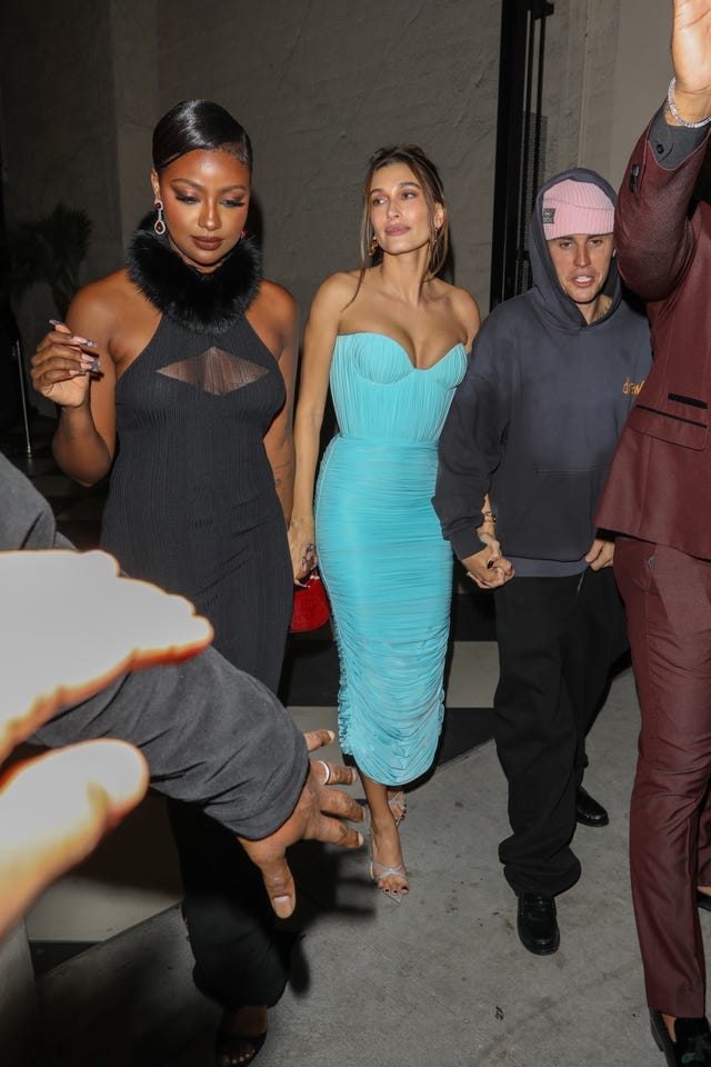 Hailey Bieber Wears a Strapless Corset Gown for Night Out with Justin