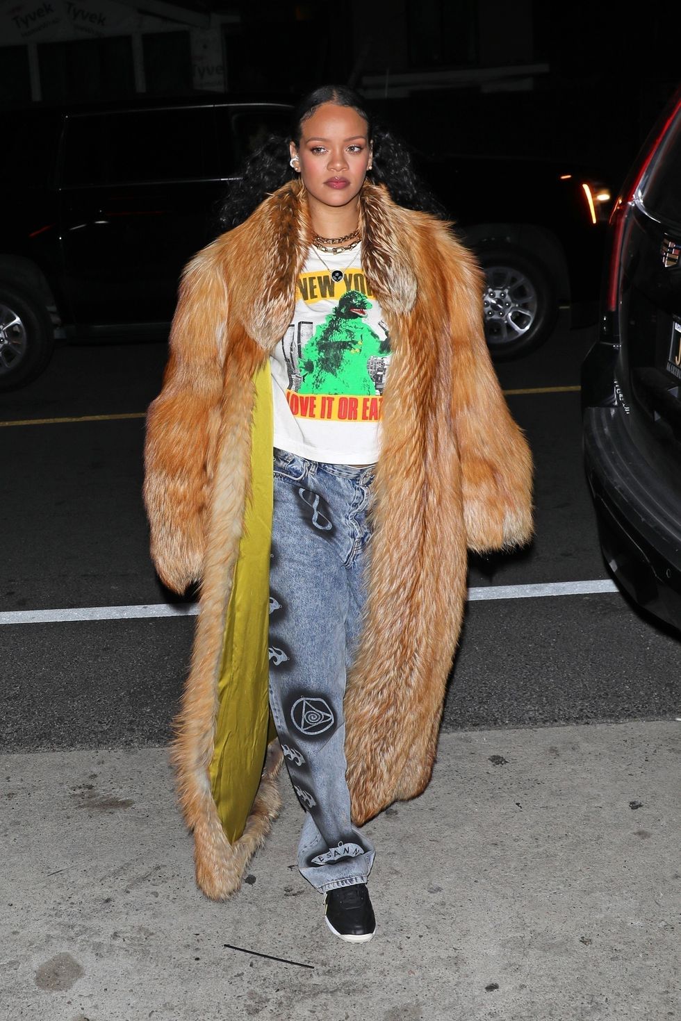 Rihanna's Look Includes A Shearling Jacket & Bustier