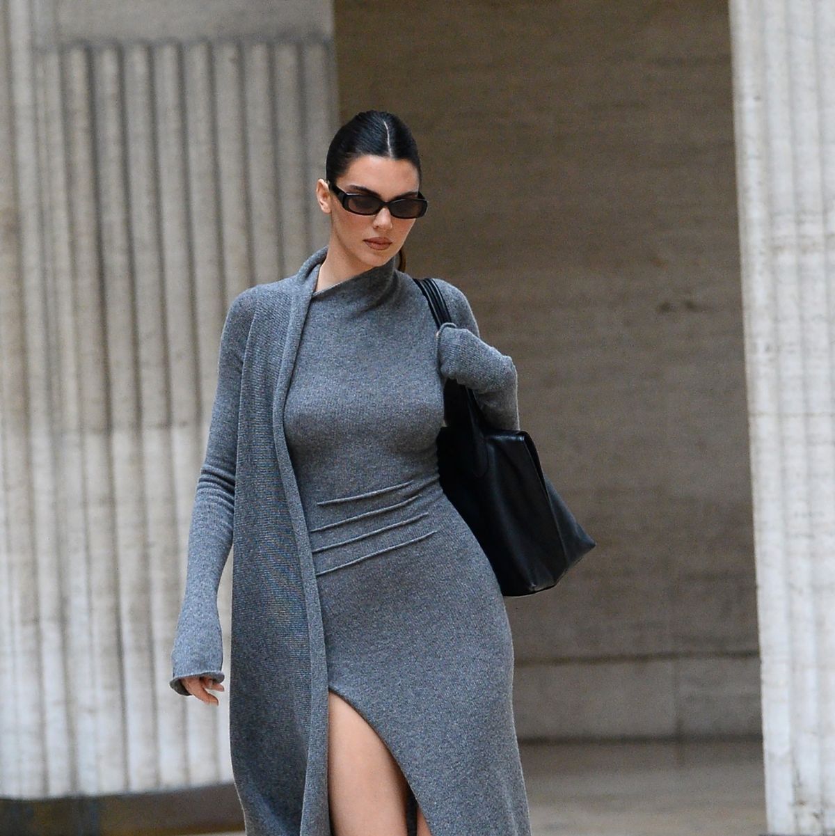 See Kendall Jenner Look Parisian Chic in a Gray Sweater Dress and
