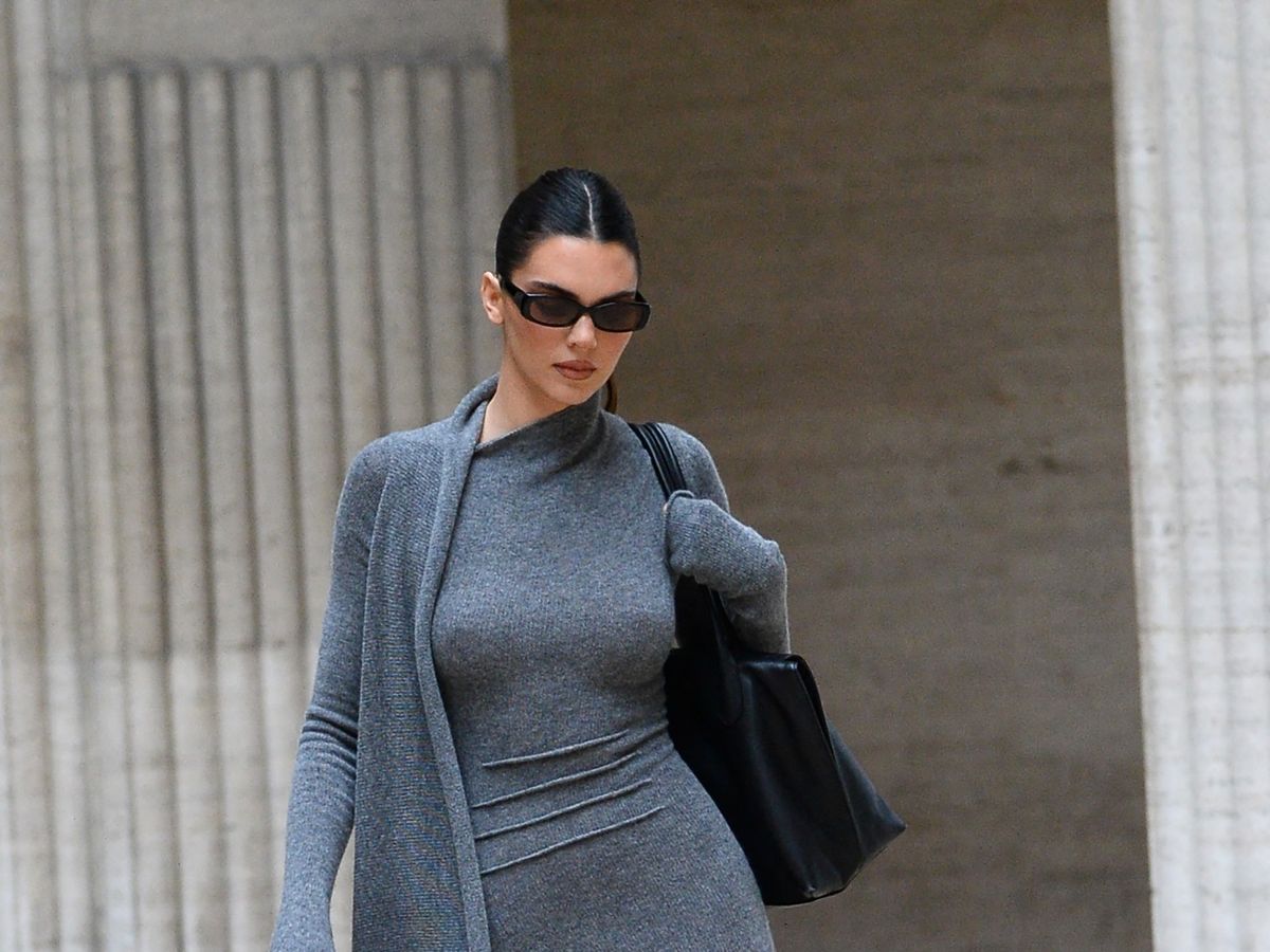 See Kendall Jenner Look Parisian Chic in a Gray Sweater Dress and Stiletto  Boots