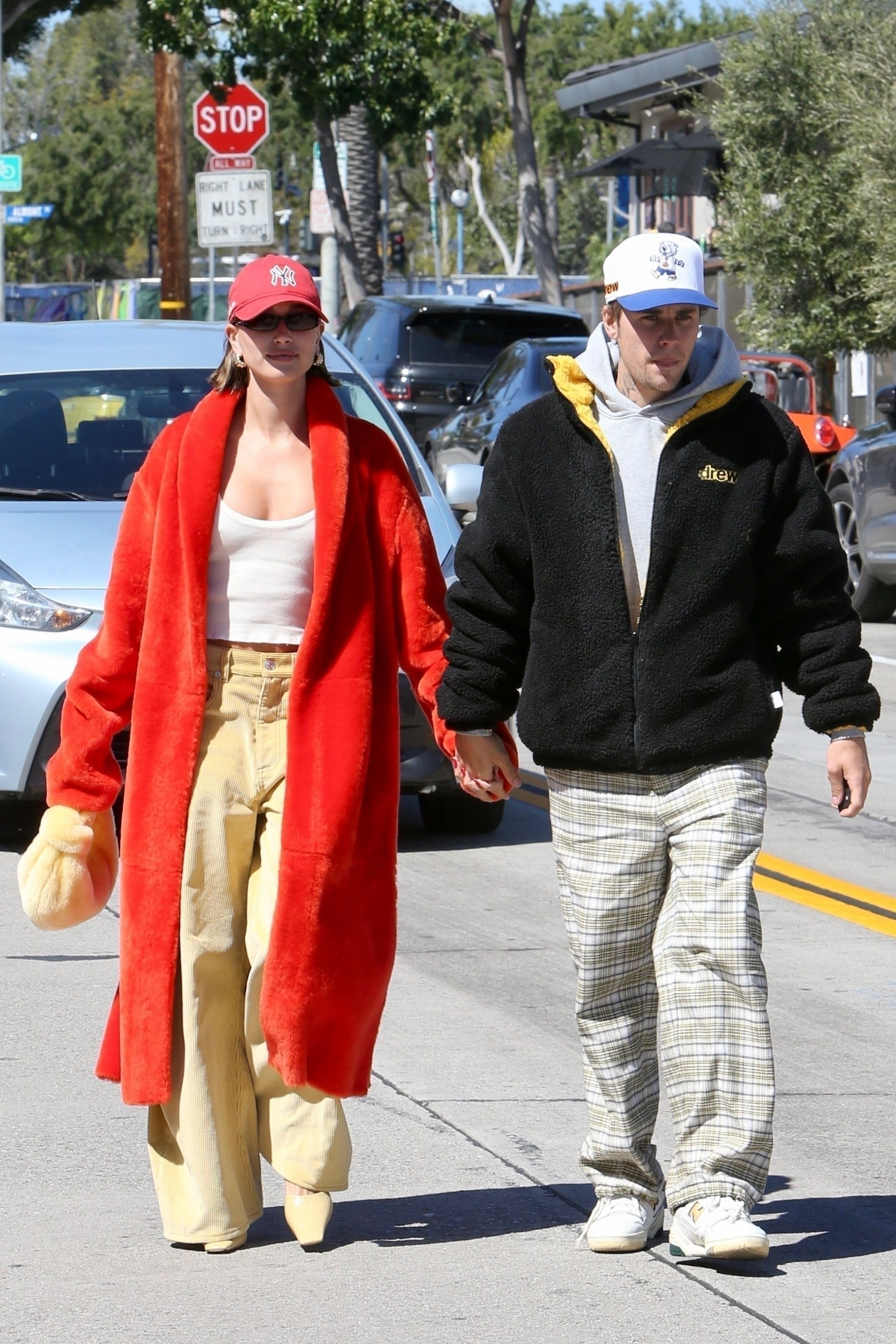 Justin Bieber pulls his pants up while Hailey Bieber looks chic in black  for a lunch date
