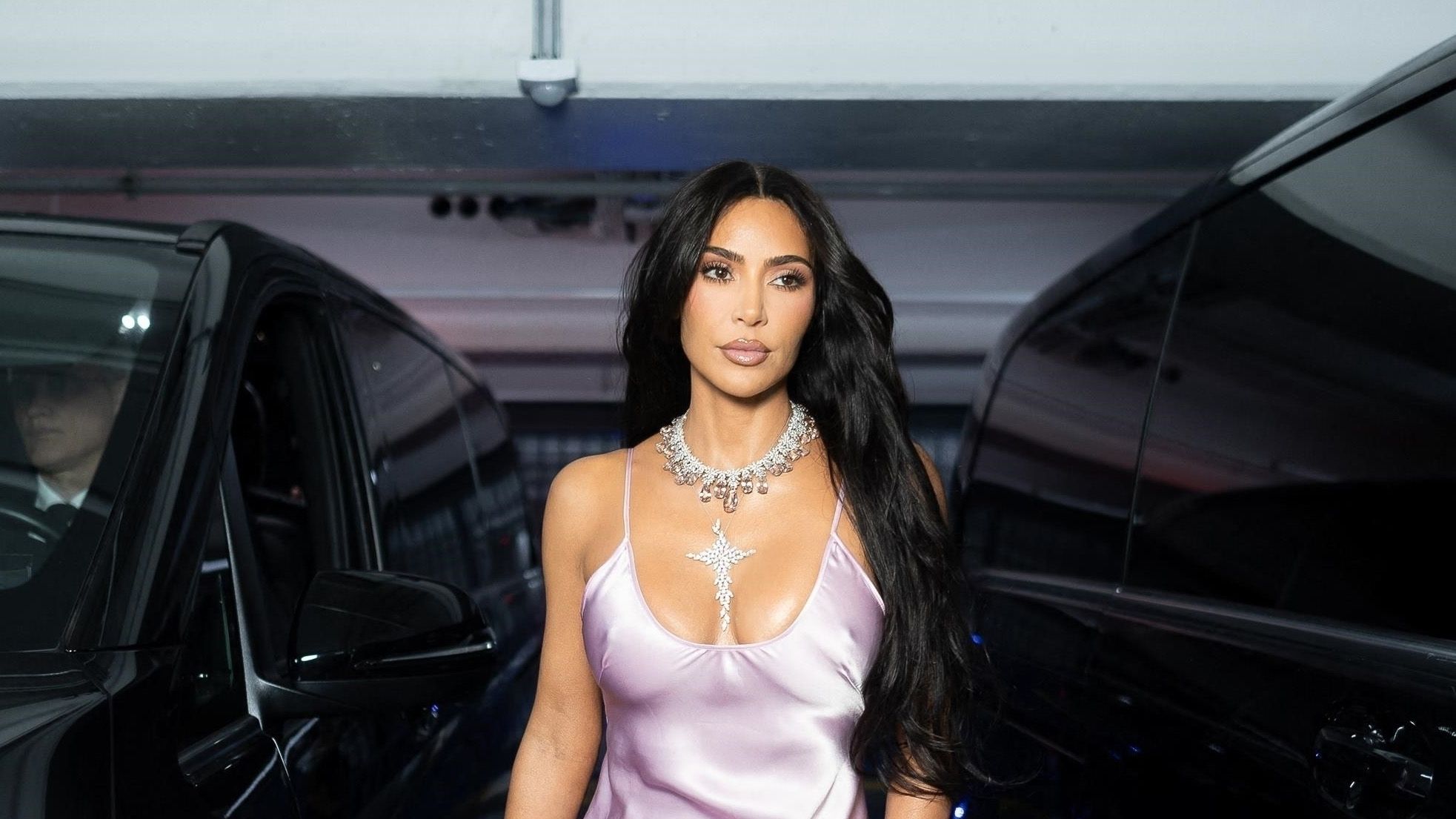 Kim Kardashian Is Pretty in a Pink Slipdress During Paris Fashion Week