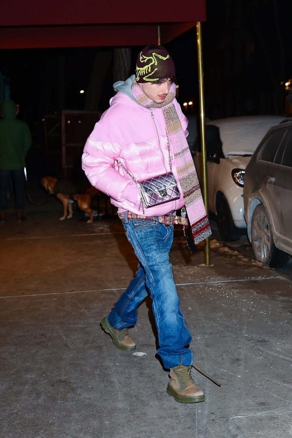 individual wearing a pink puffer jacket and holding a handbag while walking on the sidewalk in a winter setting
