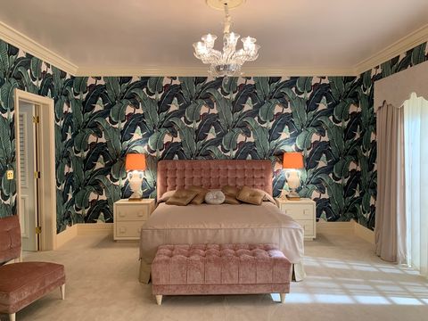 wallpapered bedroom