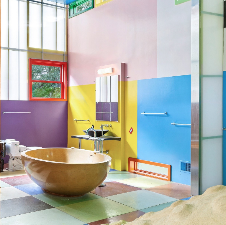 Bathroom, Yellow, Room, Blue, Orange, Green, Interior design, Turquoise, Property, Tile, 