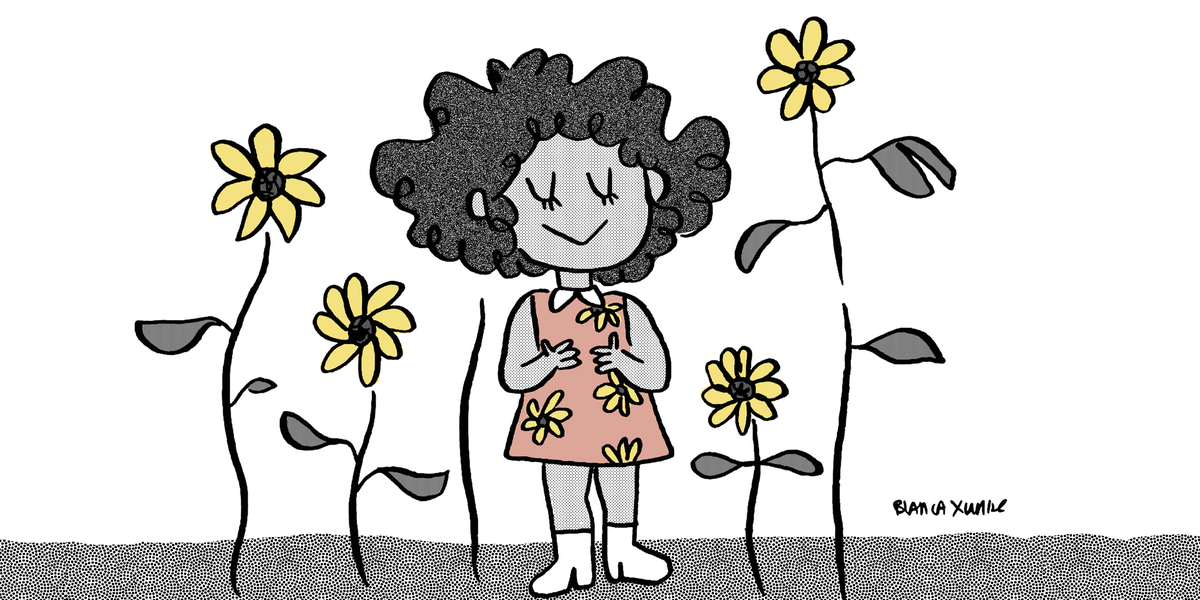Cartoon, Black-and-white, Line art, Plant, Flower, Child, Illustration, Happy, Herbaceous plant, Smile, 
