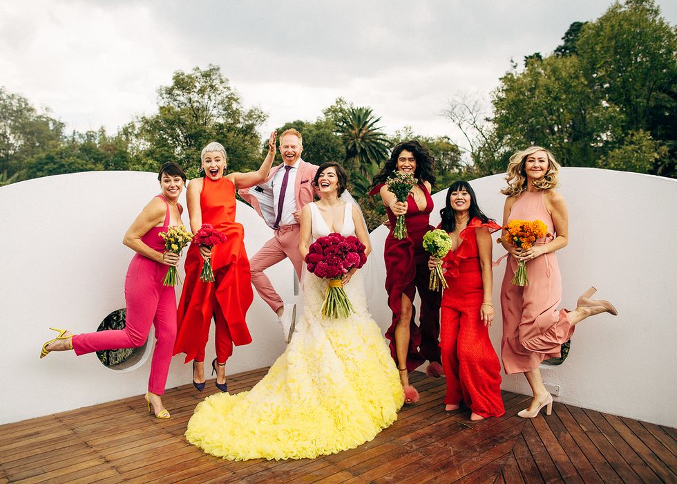 Photograph, Bride, Red, Dress, Gown, Wedding dress, Ceremony, Yellow, Wedding, Bridal clothing, 