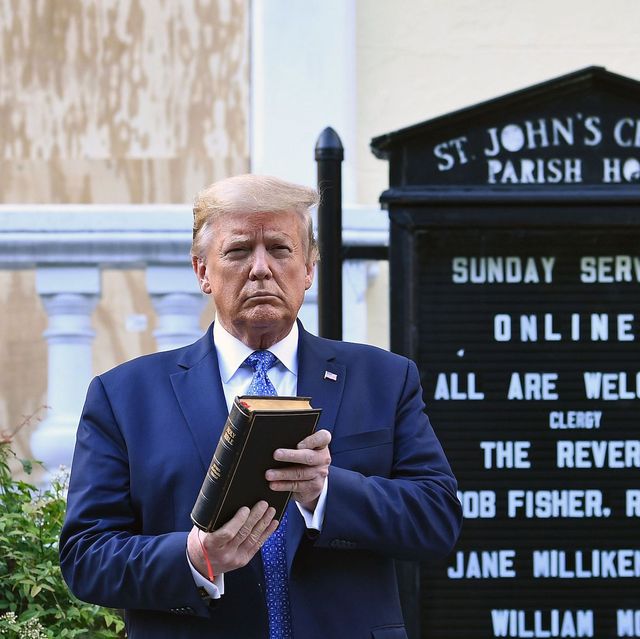 us president donald trump holds up a bible outside of st john's episcopal church across lafayette park in washington, dc on june 1, 2020   us president donald trump was due to make a televised address to the nation on monday after days of anti racism protests against police brutality that have erupted into violencethe white house announced that the president would make remarks imminently after he has been criticized for not publicly addressing in the crisis in recent days photo by brendan smialowski  afp photo by brendan smialowskiafp via getty images