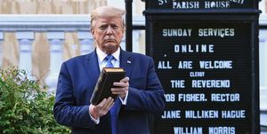 us president donald trump holds up a bible outside of st john's episcopal church across lafayette park in washington, dc on june 1, 2020   us president donald trump was due to make a televised address to the nation on monday after days of anti racism protests against police brutality that have erupted into violencethe white house announced that the president would make remarks imminently after he has been criticized for not publicly addressing in the crisis in recent days photo by brendan smialowski  afp photo by brendan smialowskiafp via getty images