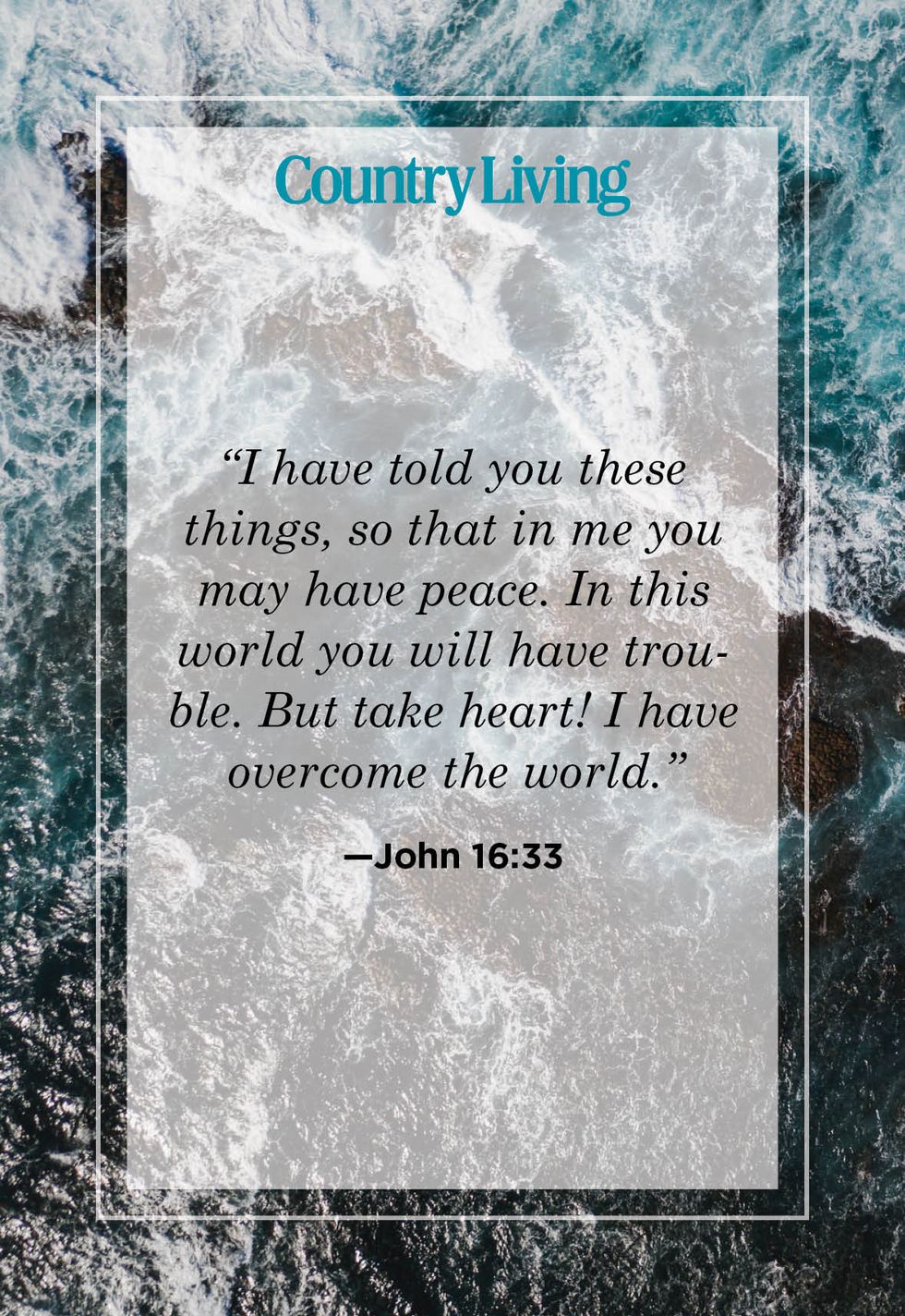 i have told you these things so that in me you may have peace in this world you will have trouble but take heart i have overcome the world from john sixteen