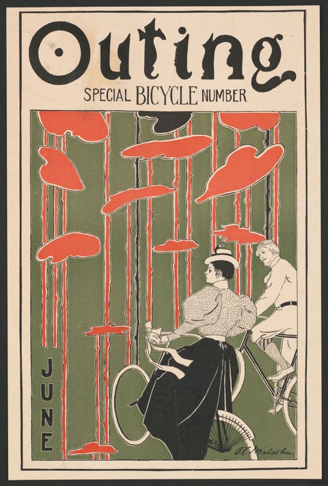 Een van de eerste sporttijdschriften van AmerikaOuting wijdde vele paginas aan de fiets Door de fietsrage aan het eind van de negentiende eeuw ontstond een enorme vraag naar fietstijdschriften routebeschrijvingen plattegronden en instructieboekjes tien procent van alle gedrukte reclame zou met fietsen te maken hebben gehad