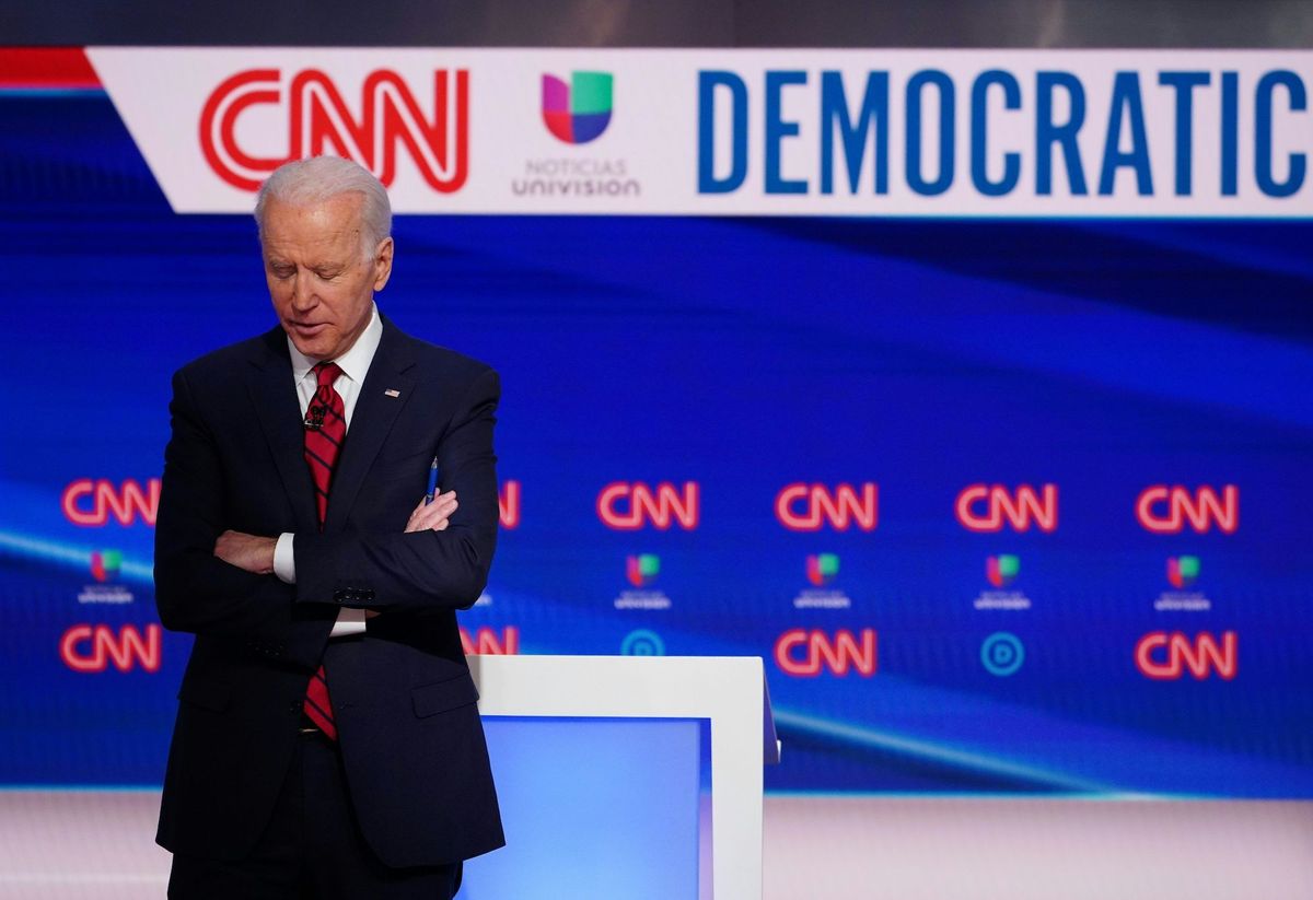 democratic presidential hopeful former us vice president joe biden is seen on stage as he and senator bernie sanders take part in the 11th democratic party 2020 presidential debate in a cnn washington bureau studio in washington, dc on march 15, 2020 photo by mandel ngan  afp photo by mandel nganafp via getty images