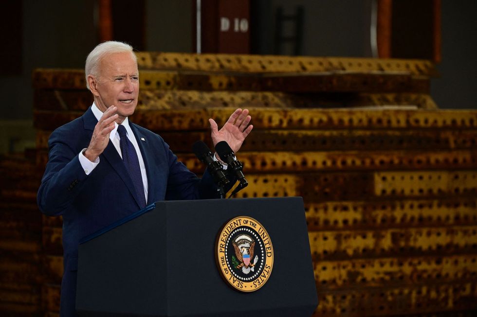 us president joe biden speaks in pittsburgh, pennsylvania, on march 31, 2021   president biden will unveil in pittsburgh a $2 trillion infrastructure plan aimed at modernizing the united states' crumbling transport network, creating millions of jobs and enabling the country to "out compete" china photo by jim watson  afp photo by jim watsonafp via getty images