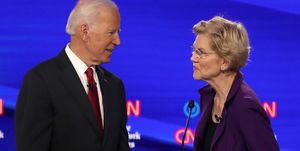 westerville, ohio   october 15 former vice president joe biden and sen elizabeth warren d ma react  during a break at the democratic presidential debate at otterbein university on october 15, 2019 in westerville, ohio a record 12 presidential hopefuls are participating in the debate hosted by cnn and the new york times photo by win mcnameegetty images