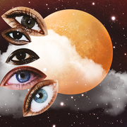 five different colored eyes are arranged on the left side of an orange planet, over a background of a dark, starry sky