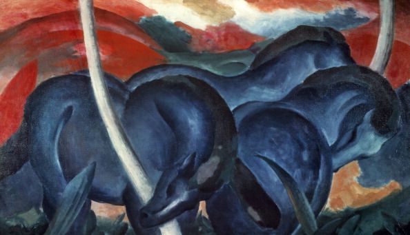 big blue horses, 1911, by franz marc 1880 1916, oil on canvas photo by deagostinigetty images