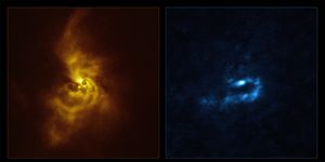 on the left hand side in yellow is an image of the young star v960 mon and its surrounding dusty material, taken with the spectro polarimetric high contrast exoplanet research sphere instrument installed on eso’s very large telescope vlt light that is reflected off of the dusty material orbiting the star becomes polarised — meaning it oscillates in a well defined direction rather than randomly — and is then detected by sphere, revealing mesmerising spiral arms these findings motivated astronomers to analyse archival observations of the same system taken using atacama large millimetersubmillimeter array alma, in which eso is a partner the results of this analysis can be seen on the right hand side in blue the wavelengths of light at which alma observes allow it to pierce deeper into the orbiting material, revealing that the spiral arms are fragmenting and forming clumps with masses similar to that of planets these clumps could contract and collapse via a process known as “gravitational instability” to form giant planets