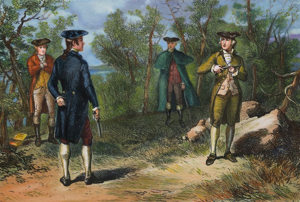 alexander hamilton's duel with aaron burr at weehawken, nj, july 11, 1804colored engravingsee f10037 for b  w