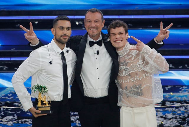 sanremo, italy   february 5, 2022 singers blanco and mahmood celebrate on stage with host amadeus after winning the 72nd sanremo italian song festival, at the ariston theatre in sanremo, italy, on february 5, 2022 photo credit should read marco ravaglifuture publishing via getty images