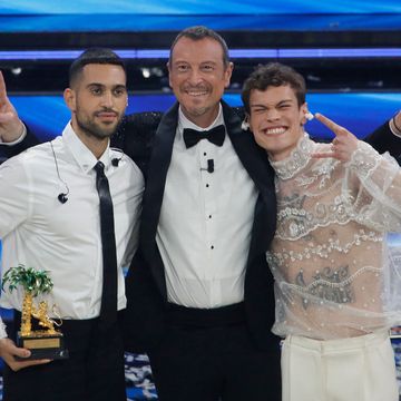 sanremo, italy   february 5, 2022 singers blanco and mahmood celebrate on stage with host amadeus after winning the 72nd sanremo italian song festival, at the ariston theatre in sanremo, italy, on february 5, 2022 photo credit should read marco ravaglifuture publishing via getty images