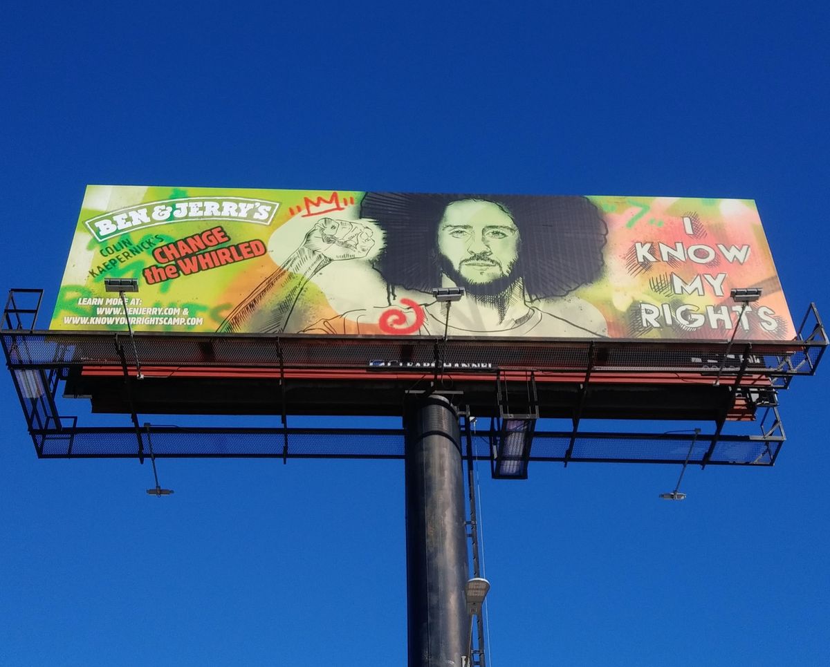 ben  jerry's is posting a billboard of a mural of colin kaepernick near the site of the super bowl