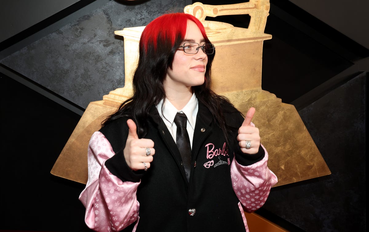 Billie Eilish Wears Barbie Varsity Jacket to the 2024 Grammys