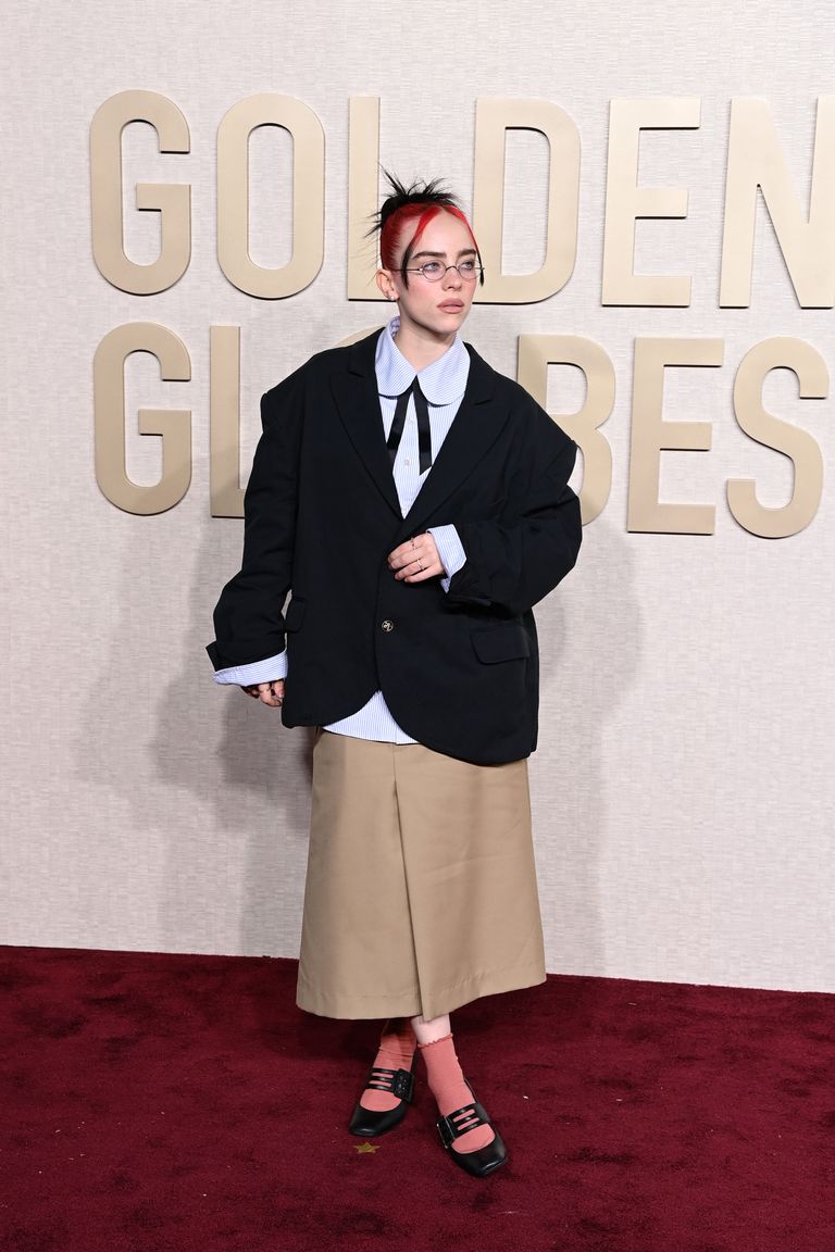 Billie Eilish Wears Blazer and Skirt at the 2024 Golden Globes