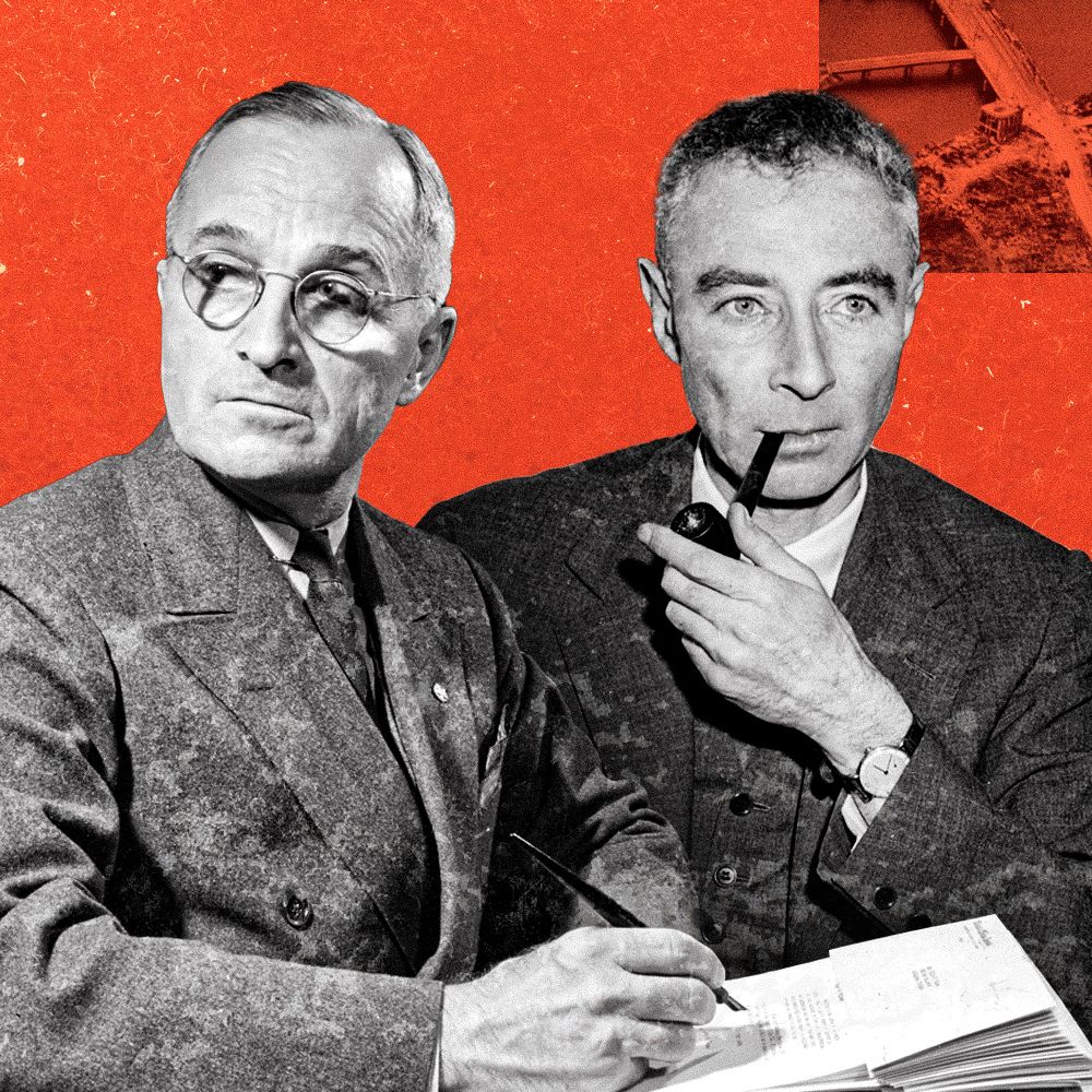 robert oppenheimer and president truman with hiroshima aftermath in the background
