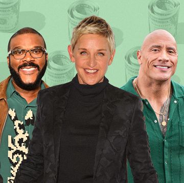 collage of celebrities with money green background